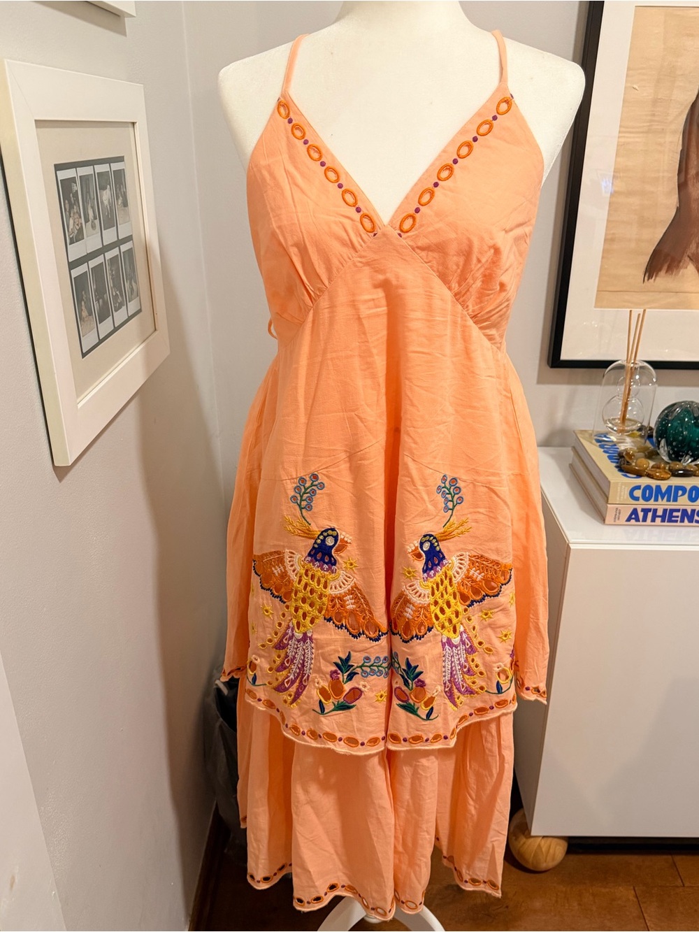 FARM Rio Peach Embroidered Tiered Midi Dress